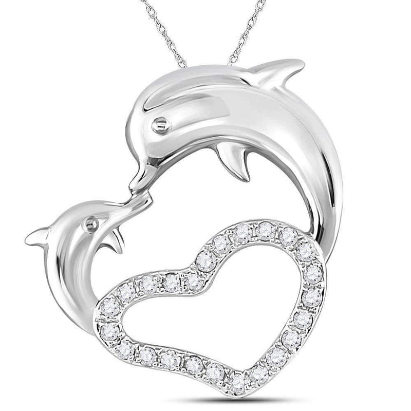 14kt White Gold Women's Round Diamond Double Dolphin Heart Pendant 1-6 Cttw - FREE Shipping (US/CAN)-Pendants And Necklaces-JadeMoghul Inc.