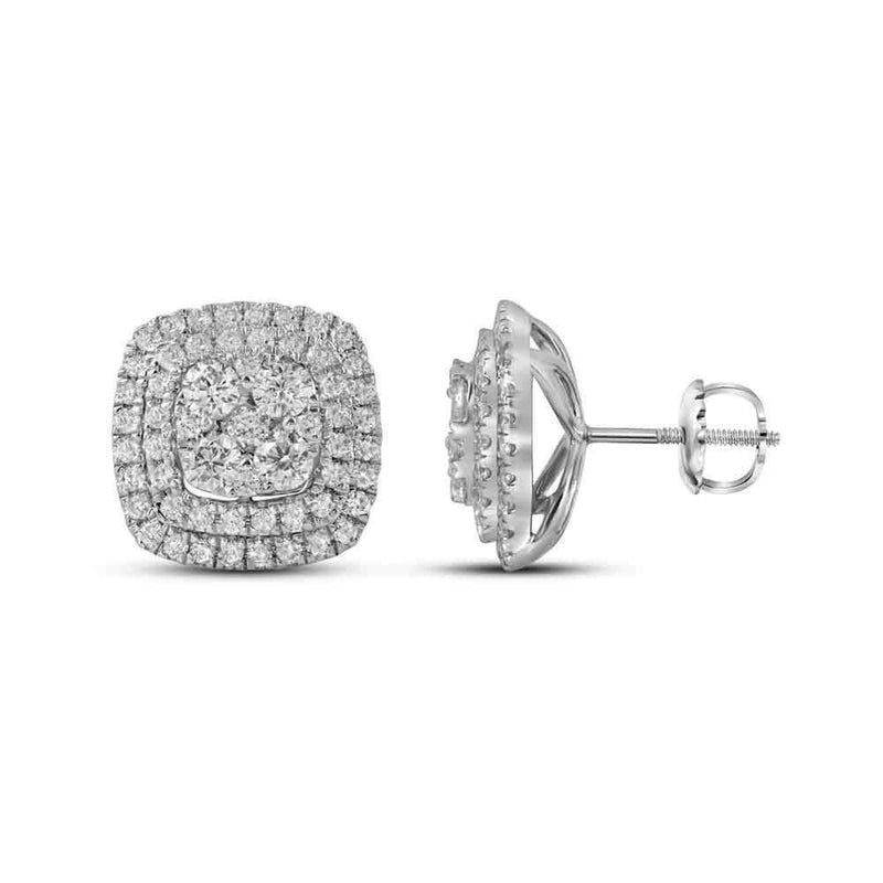 14kt White Gold Women's Round Diamond Double Square Frame Cluster Earrings 1-1-2 Cttw - FREE Shipping (USA/CAN)-Gold & Diamond Earrings-JadeMoghul Inc.