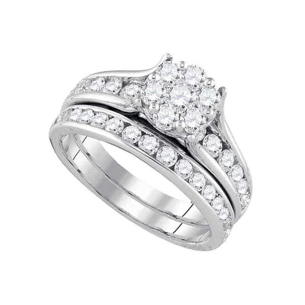 14kt White Gold Women's Round Diamond Flower Cluster Bridal Wedding Engagement Ring Band Set 1-1/2 Cttw - FREE Shipping (US/CAN)-Gold & Diamond Wedding Ring Sets-5-JadeMoghul Inc.