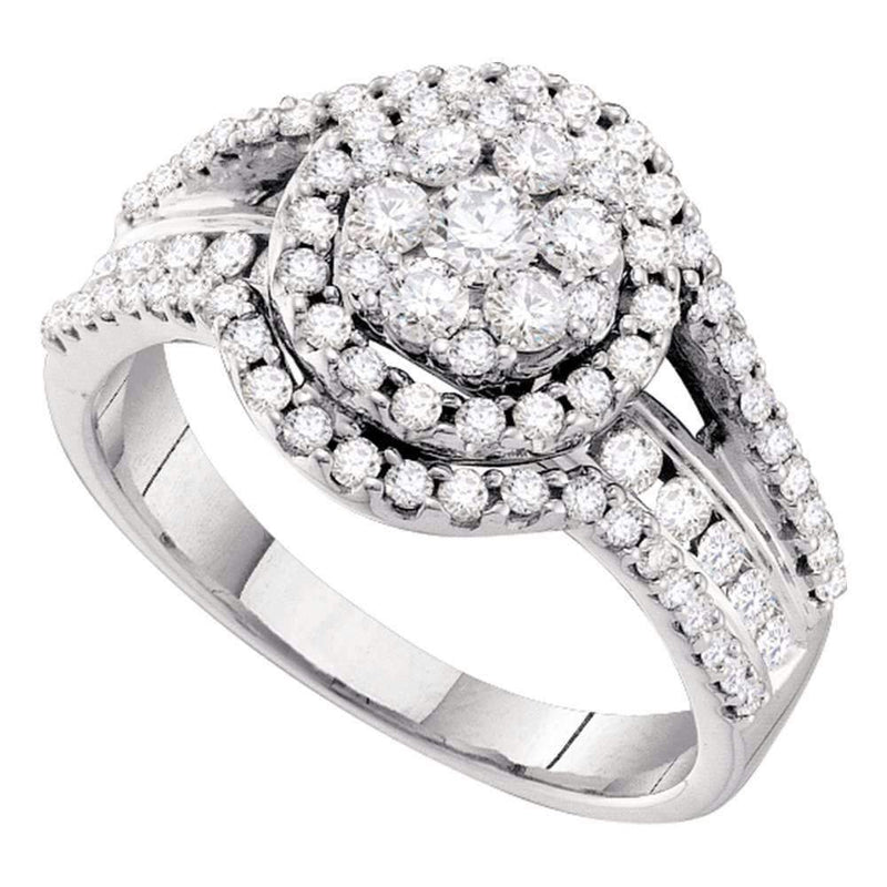 14kt White Gold Women's Round Diamond Framed Flower Cluster Cocktail Ring 1.00 Cttw - FREE Shipping (USA/CAN)-Gold & Diamond Cluster Rings-5-JadeMoghul Inc.