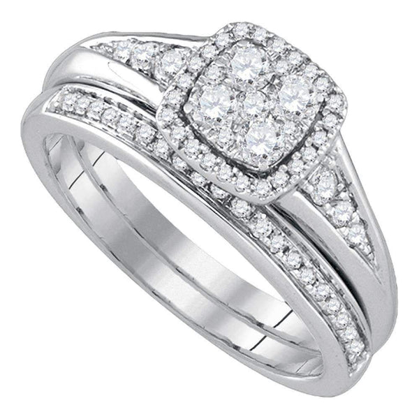 14kt White Gold Womens Round Diamond Halo Bridal Wedding Engagement Ring Band Set 5/8 Cttw-Gold & Diamond Wedding Ring Sets-6-JadeMoghul Inc.