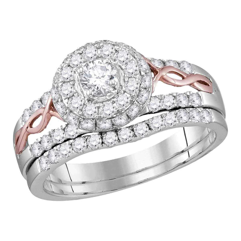 14kt White Gold Women's Round Diamond Halo Rose-tone Twist Bridal Wedding Engagement Ring Band Set 1.00 Cttw - FREE Shipping (US/CAN)-Gold & Diamond Wedding Ring Sets-5-JadeMoghul Inc.