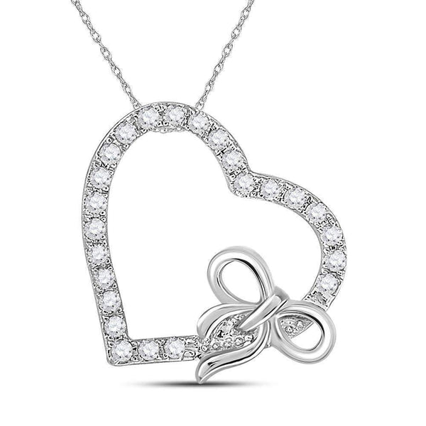 14kt White Gold Womens Round Diamond Heart Bow Pendant 1-4 Cttw-Gold & Diamond Pendants & Necklaces-JadeMoghul Inc.