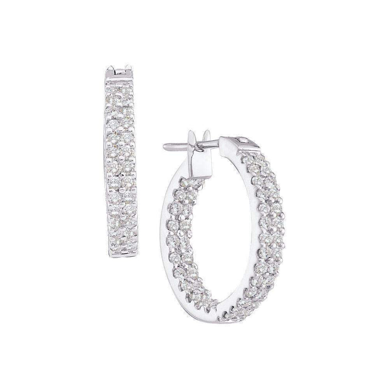 14kt White Gold Women's Round Diamond Inside Outside Double Row Hoop Earrings 1.00 Cttw - FREE Shipping (US/CAN)-Gold & Diamond Earrings-JadeMoghul Inc.