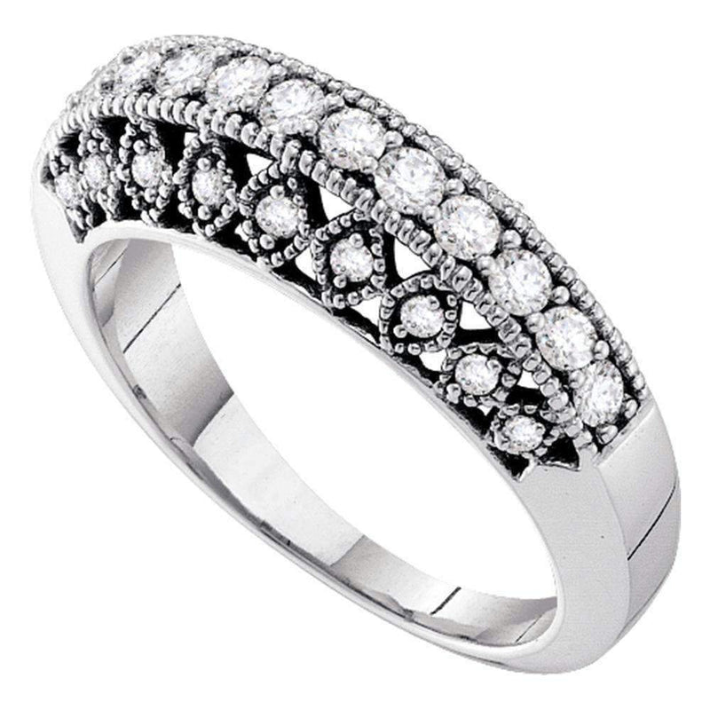 14kt White Gold Womens Round Diamond Single Row Milgrain Band Ring 1/2 Cttw - FREE Shipping (US/CAN)-Gold & Diamond Bands-5.5-JadeMoghul Inc.