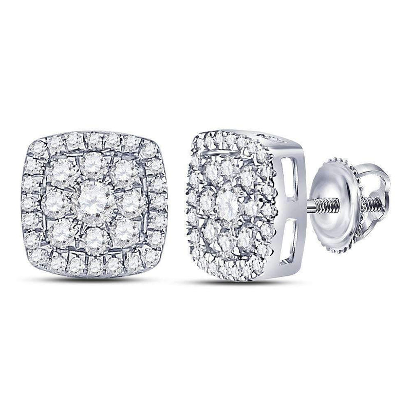 14kt White Gold Womens Round Diamond Square Cluster Earrings 1.00 Cttw-Gold & Diamond Earrings-JadeMoghul Inc.