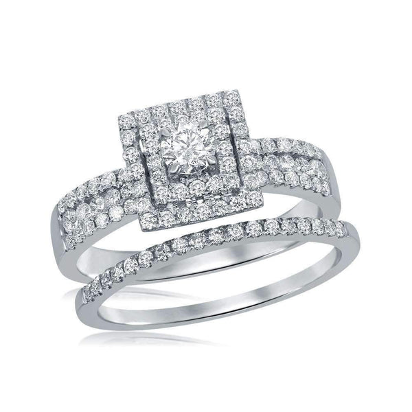 14kt White Gold Womens Round Diamond Square Halo Bridal Wedding Engagement Ring Band Set 7-8 Cttw-Gold & Diamond Wedding Ring Sets-JadeMoghul Inc.