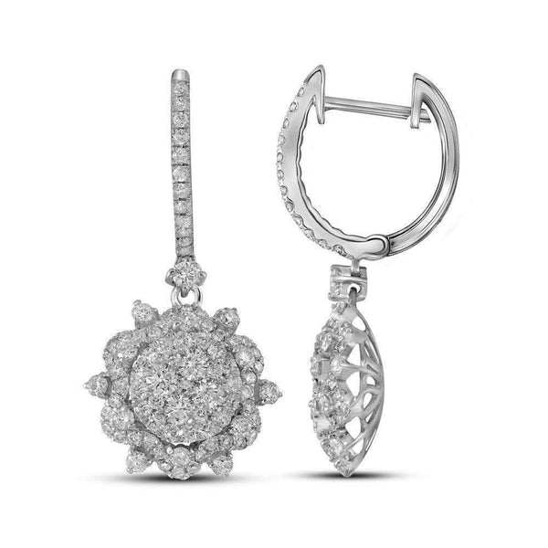 14kt White Gold Women's Round Diamond Starburst Cluster Dangle Hoop Earrings 2-1-4 Cttw - FREE Shipping (USA/CAN)-Gold & Diamond Earrings-JadeMoghul Inc.