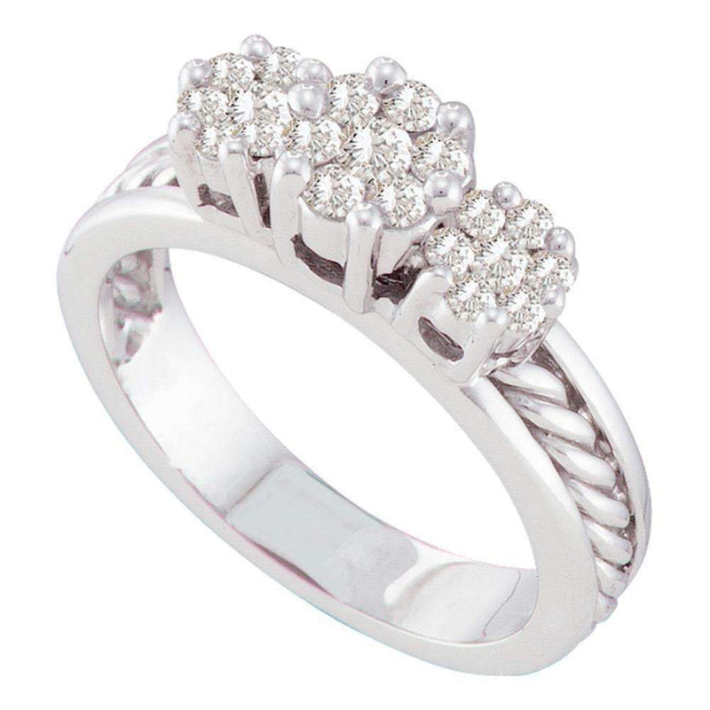 14kt White Gold Women's Round Diamond Triple Flower Cluster Rope Ring 1/2 Cttw - FREE Shipping (US/CAN)-Gold & Diamond Cluster Rings-5-JadeMoghul Inc.