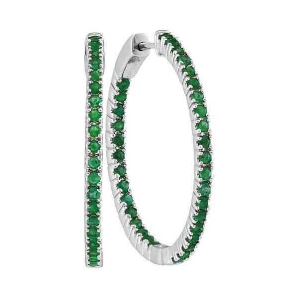 14kt White Gold Women's Round Emerald Hoop Earrings 2.00 Cttw - FREE Shipping (USA/CAN)-Gold & Diamond Earrings-JadeMoghul Inc.