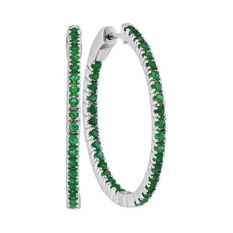 14kt White Gold Women's Round Emerald Hoop Earrings 2.00 Cttw - FREE Shipping (USA/CAN)-Gold & Diamond Earrings-JadeMoghul Inc.