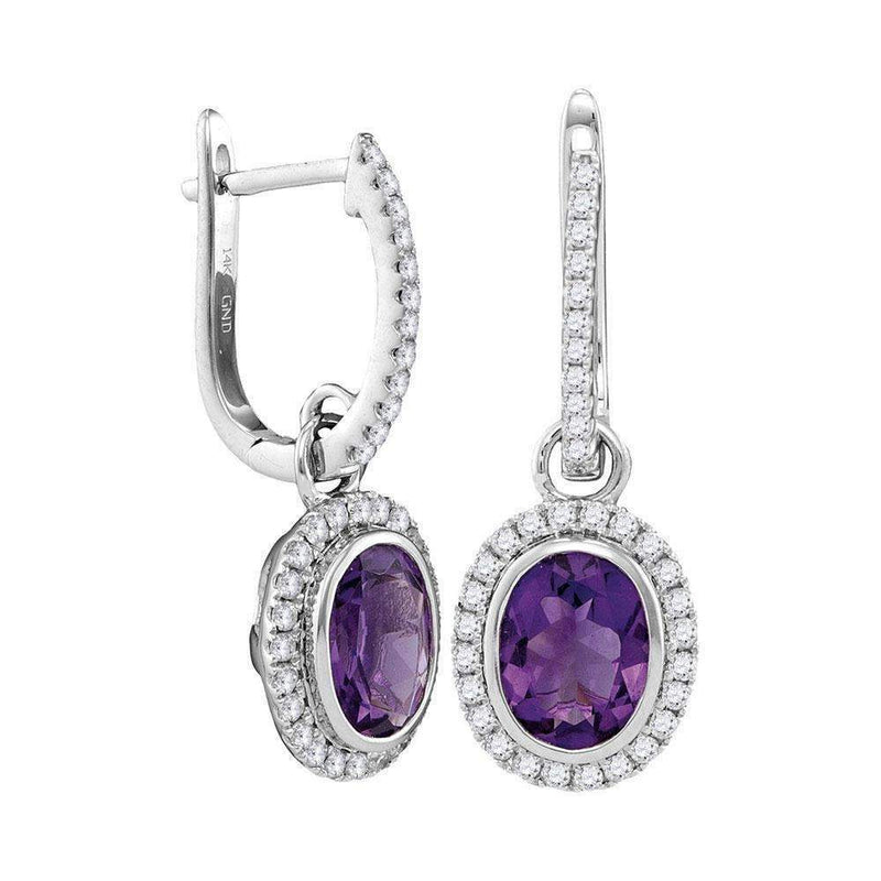 14kt White Gold Women's Round Natural Amethyst Diamond Oval Dangle Earrings 2-3-8 Cttw - FREE Shipping (US/CAN)-Gold & Diamond Earrings-JadeMoghul Inc.