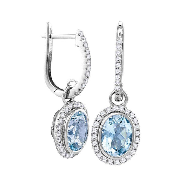 14kt White Gold Women's Round Natural Aquamarine Diamond Oval Dangle Earrings 2-3-8 Cttw - FREE Shipping (US/CAN)-Gold & Diamond Earrings-JadeMoghul Inc.