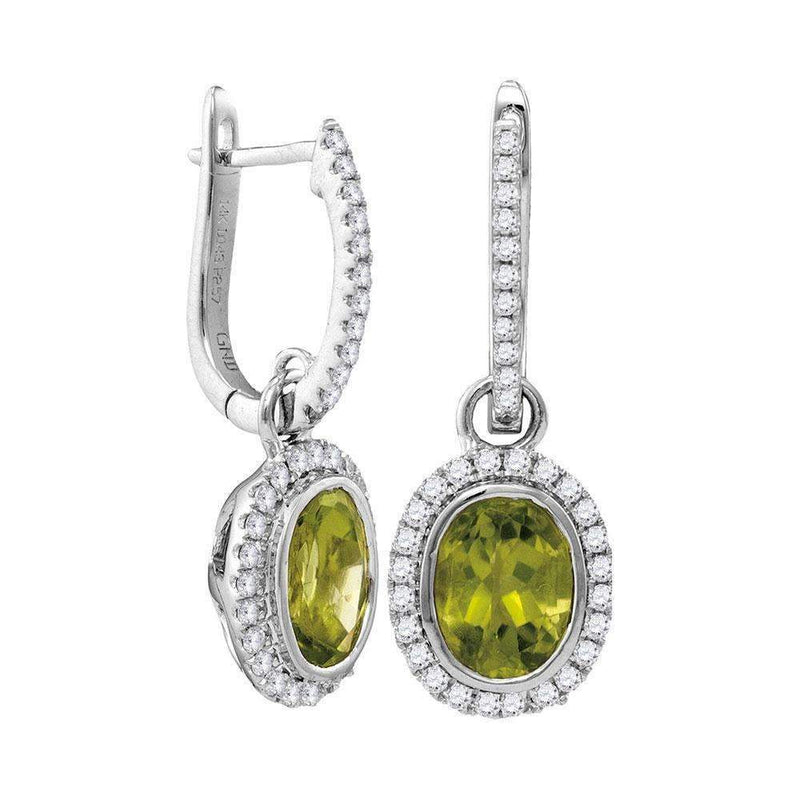 14kt White Gold Women's Round Natural Peridot Diamond Oval Dangle Earrings 3.00 Cttw - FREE Shipping (US/CAN)-Gold & Diamond Earrings-JadeMoghul Inc.