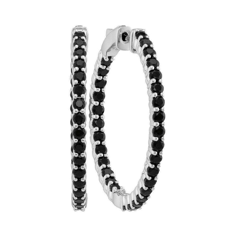 14kt White Gold Women's Round Pave-set Black Sapphire Inside Outside Hoop Earrings 3-3-4 Cttw - FREE Shipping (USA/CAN)-Gold & Diamond Earrings-JadeMoghul Inc.