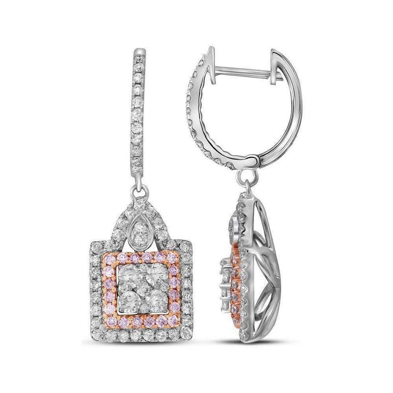 14kt White Gold Women's Round Pink Diamond Square Cluster Dangle Earrings 1.00 Cttw - FREE Shipping (USA/CAN)-Gold & Diamond Earrings-JadeMoghul Inc.