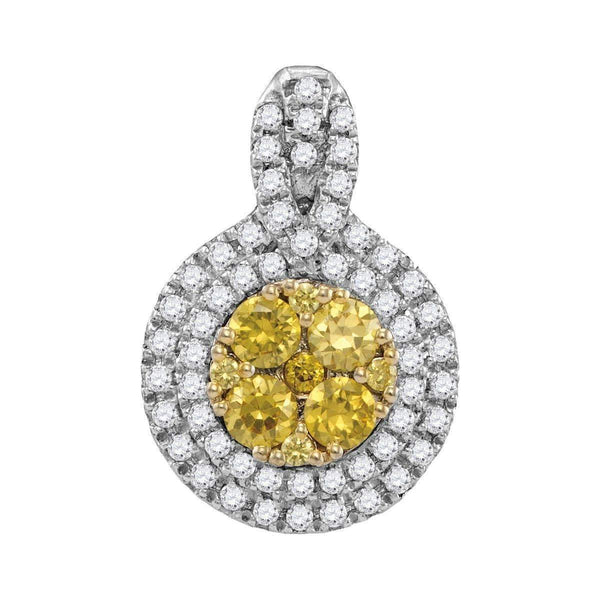 14kt White Gold Women's Round Yellow Diamond Circle Frame Cluster Pendant 1.00 Cttw - FREE Shipping (US/CAN)-Gold & Diamond Pendants & Necklaces-JadeMoghul Inc.