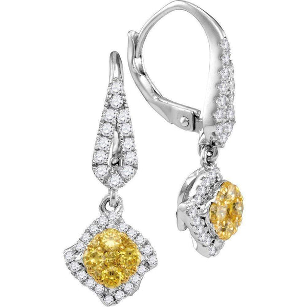 14kt White Gold Women's Round Yellow Diamond Diagonal Square Cluster Dangle Earrings 3-4 Cttw - FREE Shipping (USA/CAN)-Gold & Diamond Earrings-JadeMoghul Inc.