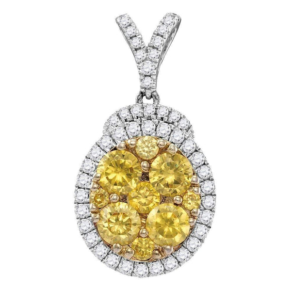 14kt White Gold Women's Round Yellow Diamond Oval Frame Cluster Pendant 2.00 Cttw - FREE Shipping (US/CAN)-Gold & Diamond Pendants & Necklaces-JadeMoghul Inc.