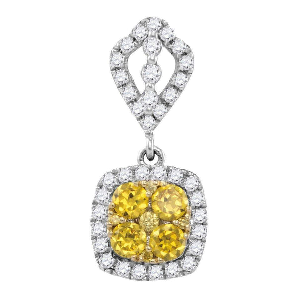 14kt White Gold Women's Round Yellow Diamond Square Cluster Pendant 7-8 Cttw - FREE Shipping (US/CAN)-Gold & Diamond Pendants & Necklaces-JadeMoghul Inc.