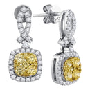 14kt White Gold Women's Round Yellow Diamond Square Frame Cluster Dangle Earrings 1-1-3 Cttw - FREE Shipping (USA/CAN)-Gold & Diamond Earrings-JadeMoghul Inc.