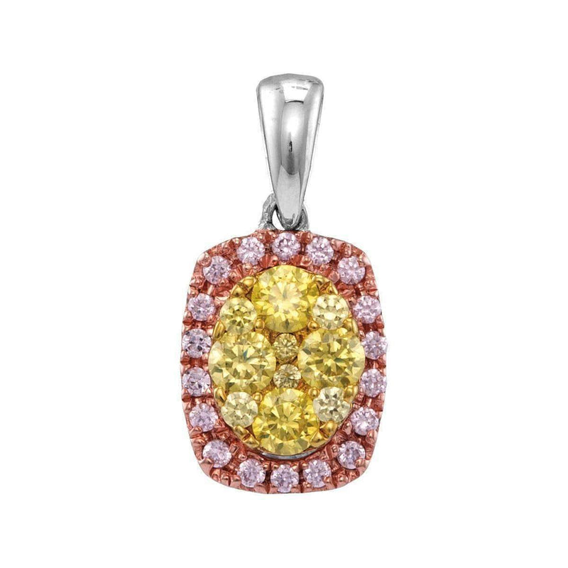 14kt White Gold Womens Round Yellow Pink Diamond Oval Frame Cluster Pendant 3-4 Cttw-Gold & Diamond Pendants & Necklaces-JadeMoghul Inc.