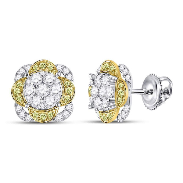 14kt White Gold Women's Yellow Diamond Flower Cluster Earrings 5/8 Cttw-Gold & Diamond Earrings-JadeMoghul Inc.