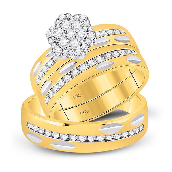 14kt Yellow Gold His & Hers Diamond Cluster Matching Bridal Wedding Ring Band Set 3/4 Cttw-Gold & Diamond Wedding Jewelry-JadeMoghul Inc.