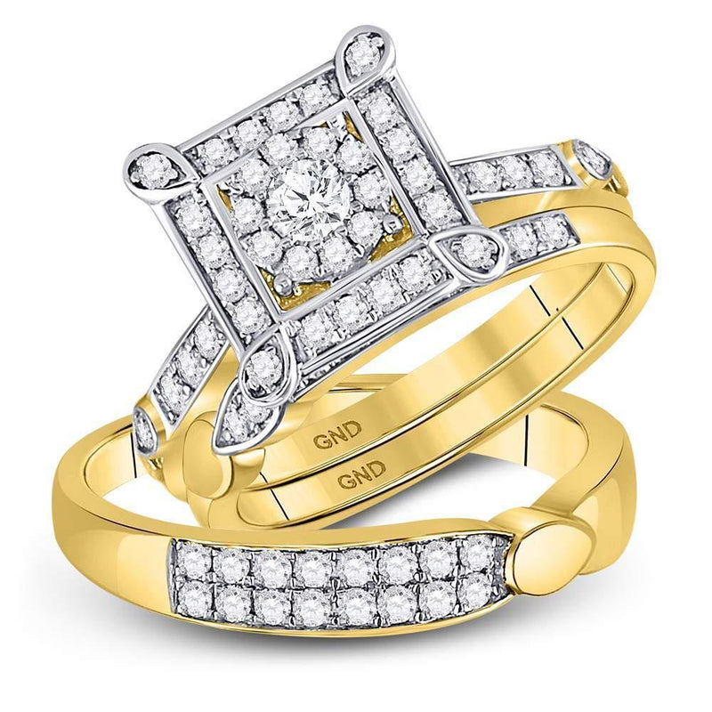 14kt Yellow Gold His & Hers Diamond Solitaire Matching Bridal Wedding Ring Band Set 1.00 Cttw-Gold & Diamond Wedding Jewelry-JadeMoghul Inc.