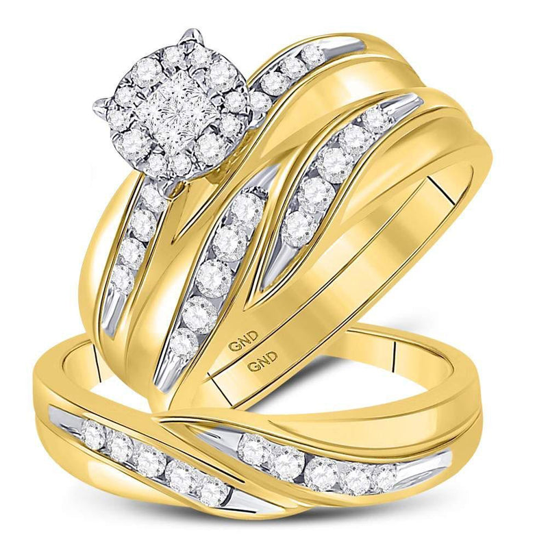 14kt Yellow Gold His & Hers Princess Diamond Soleil Cluster Matching Bridal Wedding Ring Band Set 5/8 Cttw-Gold & Diamond Wedding Jewelry-JadeMoghul Inc.