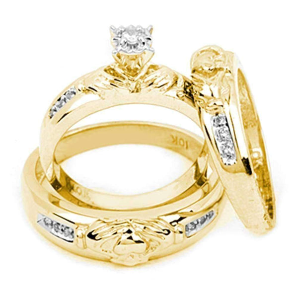 14kt Yellow Gold His & Hers Round Diamond Claddagh Matching Bridal Wedding Ring Band Set 1/8 Cttw - FREE Shipping (US/CAN)-Gold & Diamond Trio Sets-5-JadeMoghul Inc.