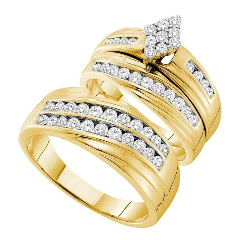 14kt Yellow Gold His & Hers Round Diamond Cluster Matching Bridal Wedding Ring Band Set 1-1/5 Cttw - FREE Shipping (US/CAN)-Gold & Diamond Trio Sets-6-JadeMoghul Inc.