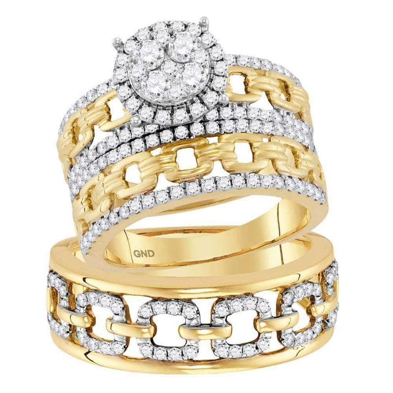 14kt Yellow Gold His & Hers Round Diamond Cluster Matching Bridal Wedding Ring Band Set 1-3-8 Cttw - FREE Shipping (US/CAN)-Wedding Jewelry-JadeMoghul Inc.