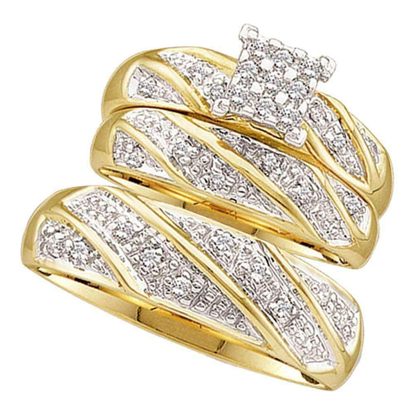 14kt Yellow Gold His & Hers Round Diamond Cluster Matching Bridal Wedding Ring Band Set 1/4 Cttw - FREE Shipping (US/CAN)-Gold & Diamond Trio Sets-5-JadeMoghul Inc.