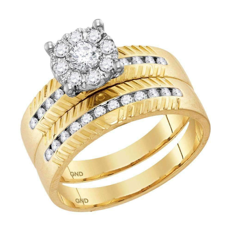 14kt Yellow Gold His & Hers Round Diamond Cluster Matching Bridal Wedding Ring Band Set 3/4 Cttw - FREE Shipping (US/CAN)-Gold & Diamond Trio Sets-5.5-JadeMoghul Inc.