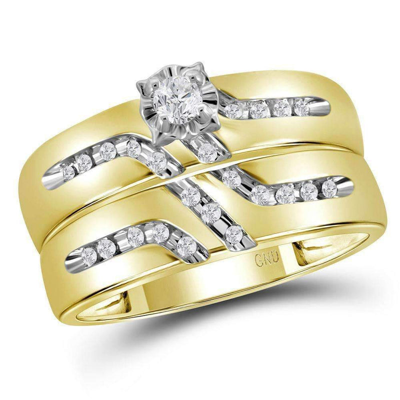 14kt Yellow Gold His & Hers Round Diamond Solitaire Matching Bridal Wedding Ring Band Set 1/4 Cttw - FREE Shipping (US/CAN)-Gold & Diamond Trio Sets-6-JadeMoghul Inc.