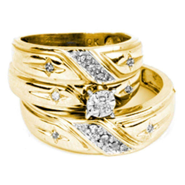 14kt Yellow Gold His & Hers Round Diamond Solitaire Matching Bridal Wedding Ring Band Set 1/6 Cttw - FREE Shipping (US/CAN)-Gold & Diamond Trio Sets-5-JadeMoghul Inc.