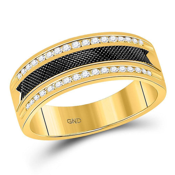 14kt Yellow Gold Mens Diamond Double Row Black Textured Wedding Band Ring 1/4 Cttw-Gold & Diamond Men Rings-JadeMoghul Inc.
