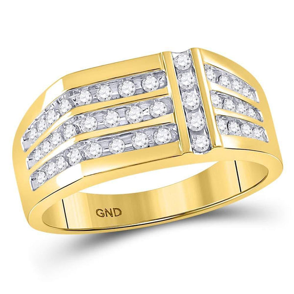 14kt Yellow Gold Mens Diamond Triple Row Intersecting Fashion Ring 1/2 Cttw-Gold & Diamond Men Rings-JadeMoghul Inc.