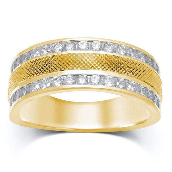 14kt Yellow Gold Mens Round Diamond Double Row Textured Wedding Band Ring 1.00 Cttw-Gold & Diamond Wedding Jewelry-JadeMoghul Inc.