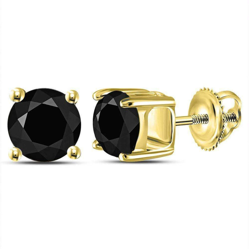 14kt Yellow Gold Unisex Round Black Color Enhanced Diamond Solitaire Stud Earrings 2.00 Cttw-Gold & Diamond Earrings-JadeMoghul Inc.