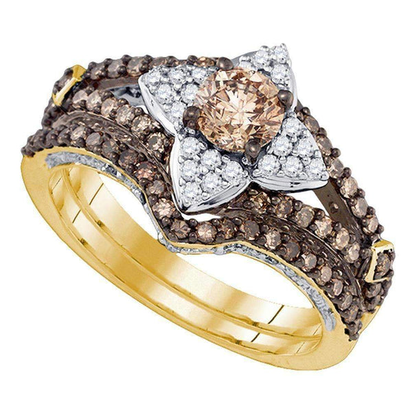 14kt Yellow Gold Women's Cognac-brown Color Enhanced Diamond Bridal Wedding Engagement Ring Band Set 1-1/3 Cttw - FREE Shipping (US/CAN)-Gold & Diamond Wedding Ring Sets-5.5-JadeMoghul Inc.