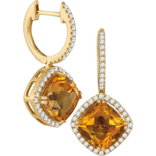 14kt Yellow Gold Women's Cushion Natural Citrine Diamond Dangle Earrings 5-1-3 Cttw - FREE Shipping (US/CAN)-Gold & Diamond Earrings-JadeMoghul Inc.