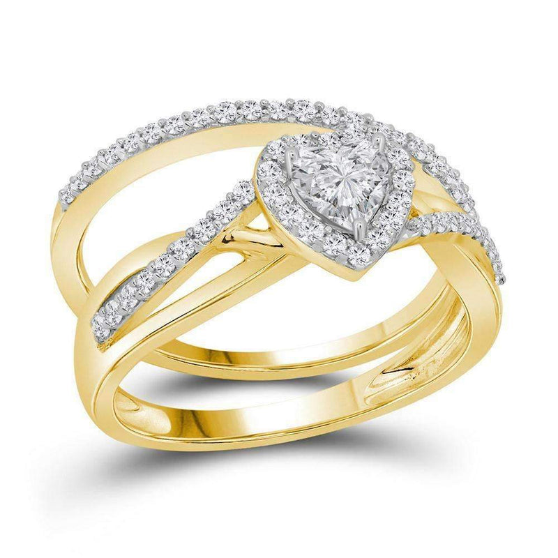 14kt Yellow Gold Womens Heart Diamond Bridal Wedding Engagement Ring Band Set 7-8 Cttw-Gold & Diamond Wedding Ring Sets-JadeMoghul Inc.