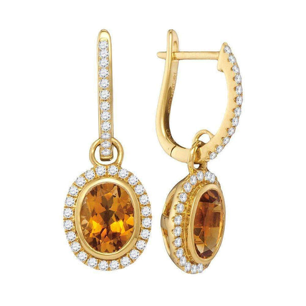 14kt Yellow Gold Women's Oval Citrine Diamond Frame Dangle Hoop Earrings 1-3-8 Cttw - FREE Shipping (USA/CAN)-Gold & Diamond Earrings-JadeMoghul Inc.