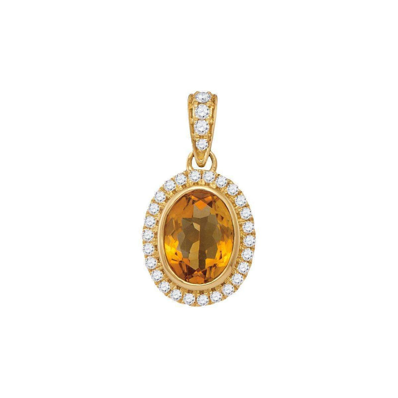 14kt Yellow Gold Womens Oval Citrine Solitaire Diamond Accent Pendant 1-1-5 Cttw-Gold & Diamond Pendants & Necklaces-JadeMoghul Inc.