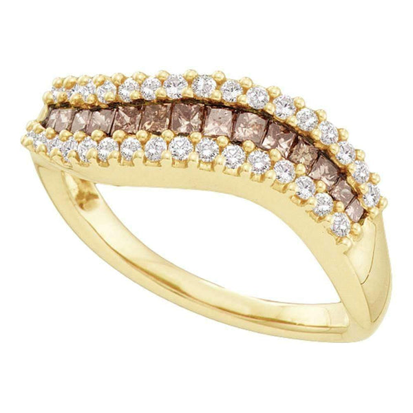 14kt Yellow Gold Women's Princess Cognac-brown Color Enhanced Diamond Contoured Band Ring 5/8 Cttw - FREE Shipping (US/CAN)-Gold & Diamond Bands-5-JadeMoghul Inc.