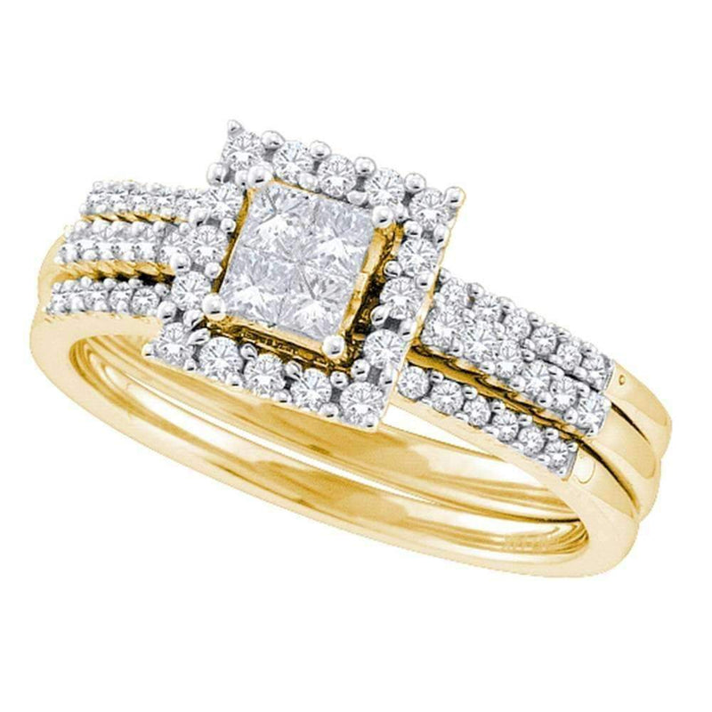 14kt Yellow Gold Women's Princess Diamond 3-Piece Halo Bridal Wedding Engagement Ring Band Set 1/2 Cttw - FREE Shipping (US/CAN)-Gold & Diamond Wedding Ring Sets-5-JadeMoghul Inc.