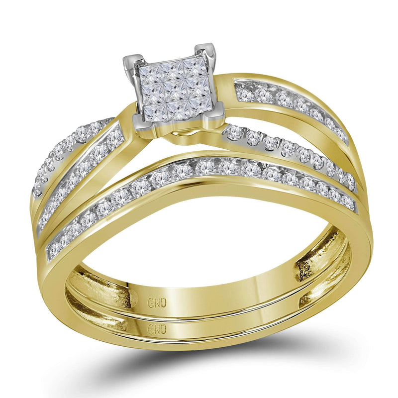 14kt Yellow Gold Womens Princess Diamond Bridal Wedding Engagement Ring Band Set 1-2 Cttw-Gold & Diamond Wedding Ring Sets-JadeMoghul Inc.