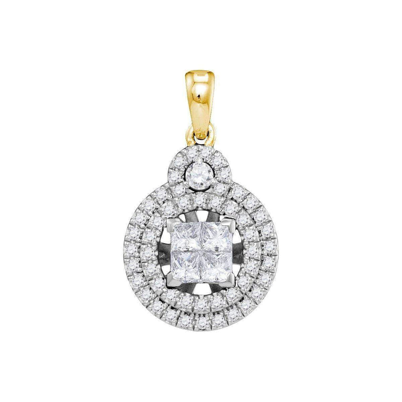 14kt Yellow Gold Women's Princess Diamond Cluster Circle Frame Pendant 7-8 Cttw - FREE Shipping (US/CAN)-Gold & Diamond Pendants & Necklaces-JadeMoghul Inc.